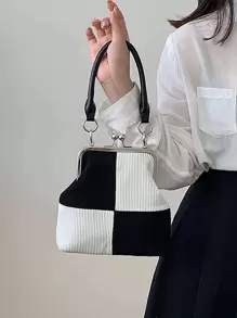 Mini Two Tone Kiss Lock Satchel Bag - Black and White - View 1