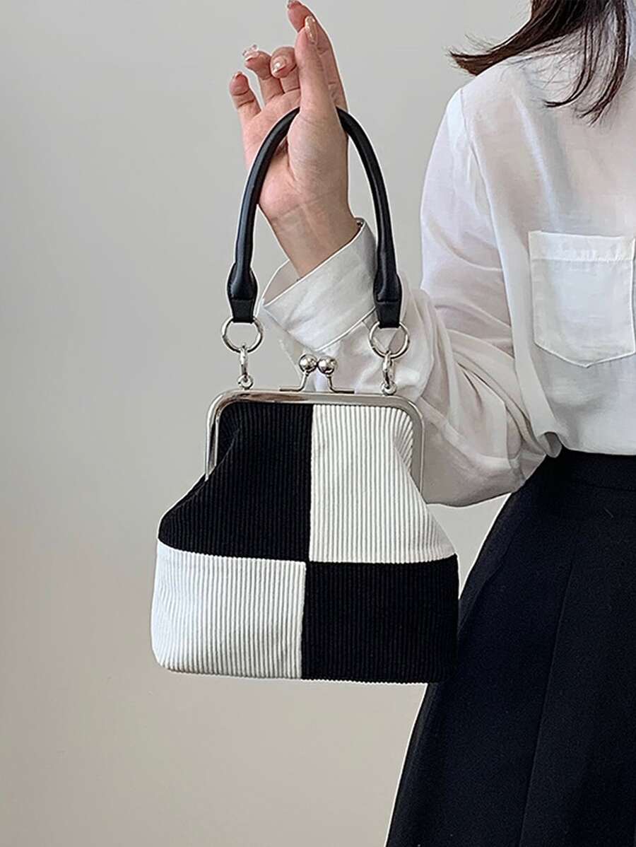 Mini Two Tone Kiss Lock Satchel Bag - Black and White - View 1