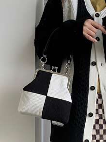 Mini Two Tone Kiss Lock Satchel Bag - Black and White - View 6