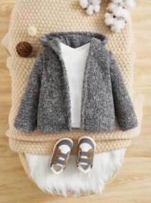 SHEIN Baby Open Front Hooded Teddy Coat Without Tee - Grey - View 1