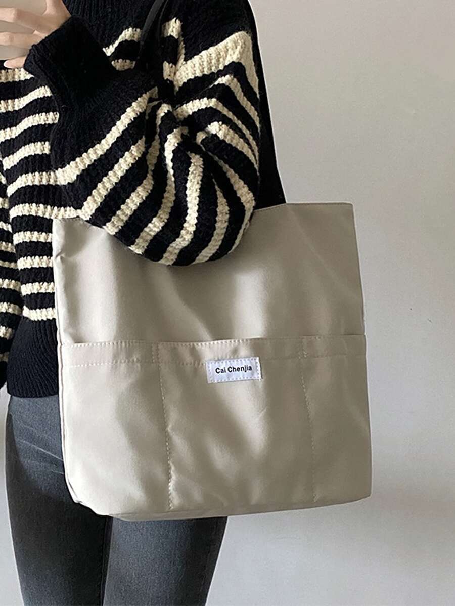 Letter Patch Decor Shopper Bag - Beige - View 1