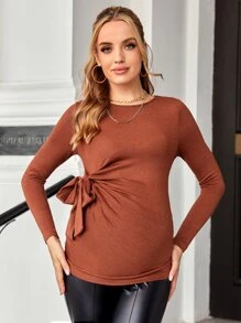 SHEIN Áo thun Bà bầu Thắt nơ trước màu trơn Thanh lịch - Màu Cam cháy - Xem 4