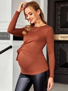 SHEIN Áo thun Bà bầu Thắt nơ trước màu trơn Thanh lịch - Màu Cam cháy - Xem 5