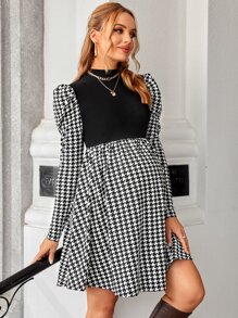 SHEIN Maternity Houndstooth Mock Neck Gigot Sleeve Dress - Black and White - View 1