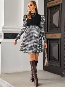 SHEIN Maternity Houndstooth Mock Neck Gigot Sleeve Dress - Black and White - View 3