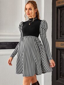 SHEIN Maternity Houndstooth Mock Neck Gigot Sleeve Dress - Black and White - View 4