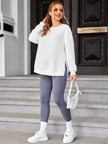 SHEIN Maternity Drop Shoulder Split Hem Quilted Pullover - White - View 4