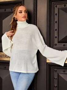 SHEIN Maternity Turtleneck Drop Shoulder Jumper - Beige - View 1