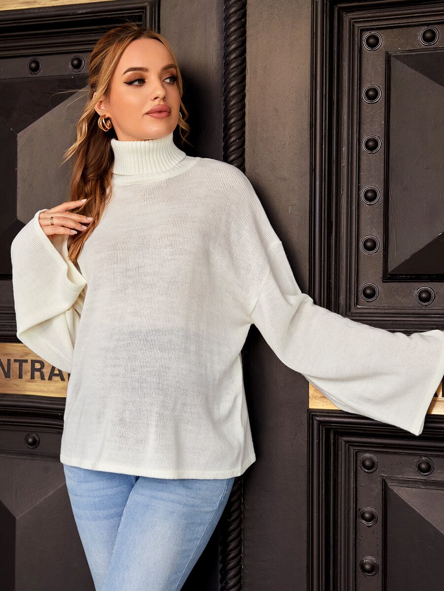 SHEIN Maternity Turtleneck Drop Shoulder Jumper - Beige - View 1