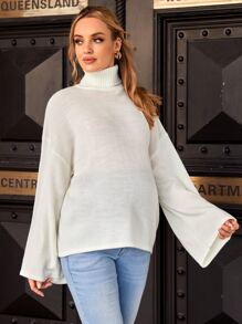 SHEIN Maternity Turtleneck Drop Shoulder Jumper - Beige - View 4