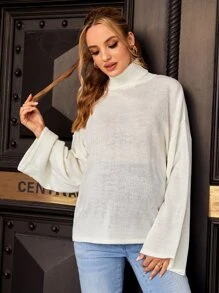 SHEIN Maternity Turtleneck Drop Shoulder Jumper - Beige - View 3