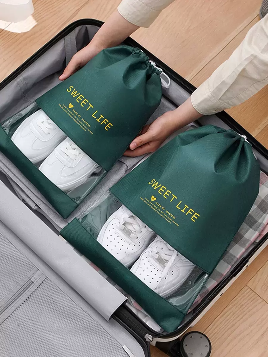 1pc Slogan Graphic Shoes Storage Bag, Multifunction Drawstring Bag For Travel - Green - View 1