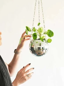 1pc Silver Plastic Hanging Plant Pot, Metallic Disco Plant Hanging Basket For Home Decor - Silver - View 2