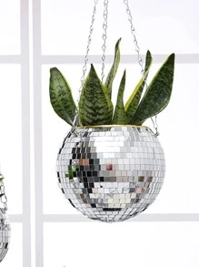 1pc Silver Plastic Hanging Plant Pot, Metallic Disco Plant Hanging Basket For Home Decor - Silver - View 3