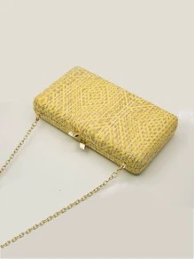 Geometric Weave Detail Chain Straw Bag - Multicolor - View 3