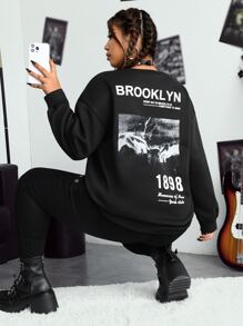 SHEIN EZwear Plus Slogan Graphic Drop Shoulder Sweatshirt - Black - View 1