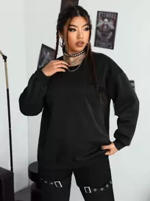 SHEIN EZwear Plus Slogan Graphic Drop Shoulder Sweatshirt - Black - View 2