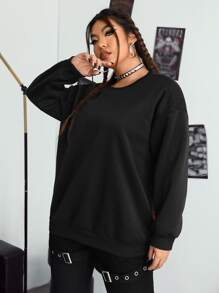 SHEIN EZwear Plus Slogan Graphic Drop Shoulder Sweatshirt - Black - View 3