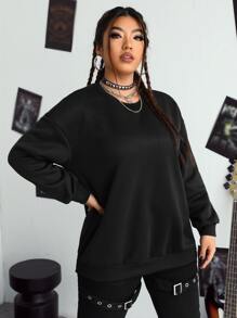 SHEIN EZwear Plus Slogan Graphic Drop Shoulder Sweatshirt - Black - View 4