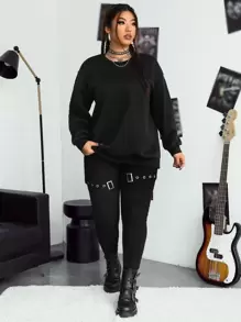 SHEIN EZwear Plus Slogan Graphic Drop Shoulder Sweatshirt - Black - View 5