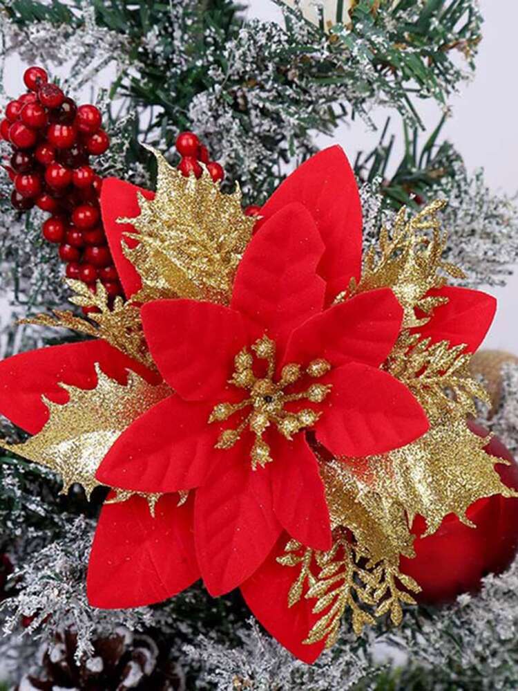 3pcs Artificial Christmas Flowers, Red, Silver And Gold, Decorative Flower For Christmas Tree, Home, Wedding And Business Premises Decorations.