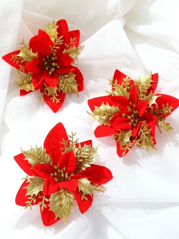 3pcs Artificial Christmas Flowers, Red, Silver And Gold, Decorative Flower For Christmas Tree, Home, Wedding And Business Premises Decorations.