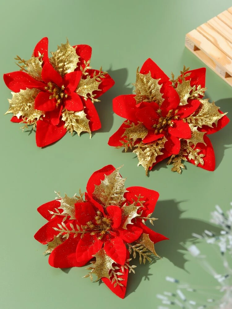 3pcs Artificial Christmas Flowers, Red, Silver And Gold, Decorative Flower For Christmas Tree, Home, Wedding And Business Premises Decorations.