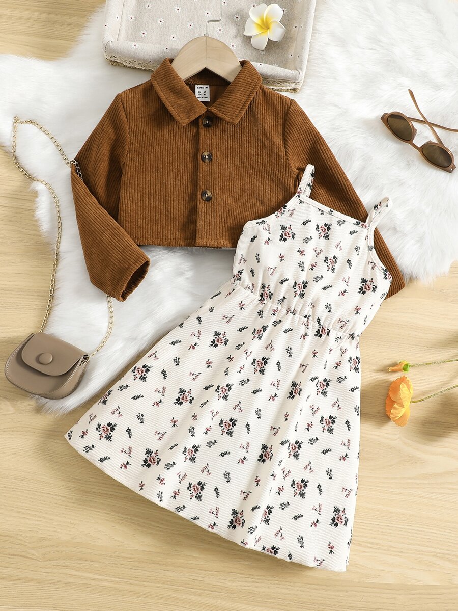 Toddler Girls Button Front Jacket & Floral Print Cami Dress - Multicolor - View 1