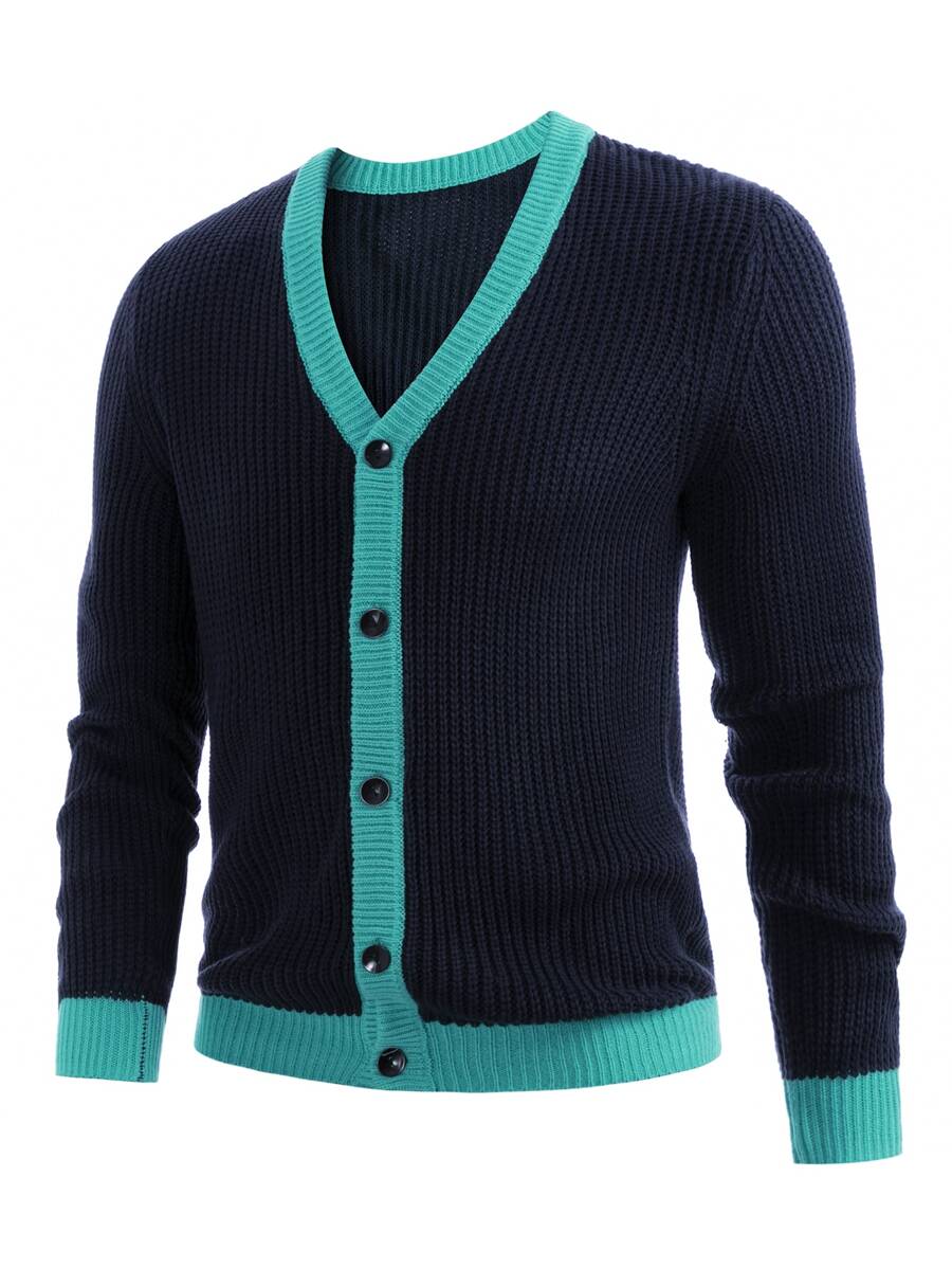 Manfinity Men Contrast Trim Button Front Cardigan - Navy Blue - View 1