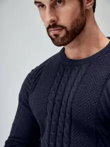 Manfinity Homme Hombres Jersey tejido de cable de hombros caídos - Azul Marino - Ver 4