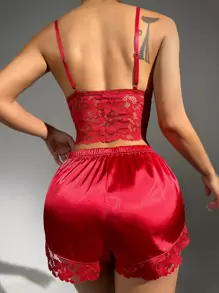 Floral Lace Bow Front Satin PJ Set / Pajama Set