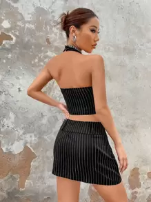 SHEIN ICON 條紋印花露背掛脖上衣和半身裙無手套 - 黑色 - 查看 2