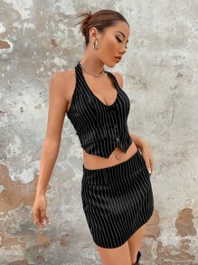 SHEIN ICON 條紋印花露背掛脖上衣和半身裙無手套 - 黑色 - 查看 6