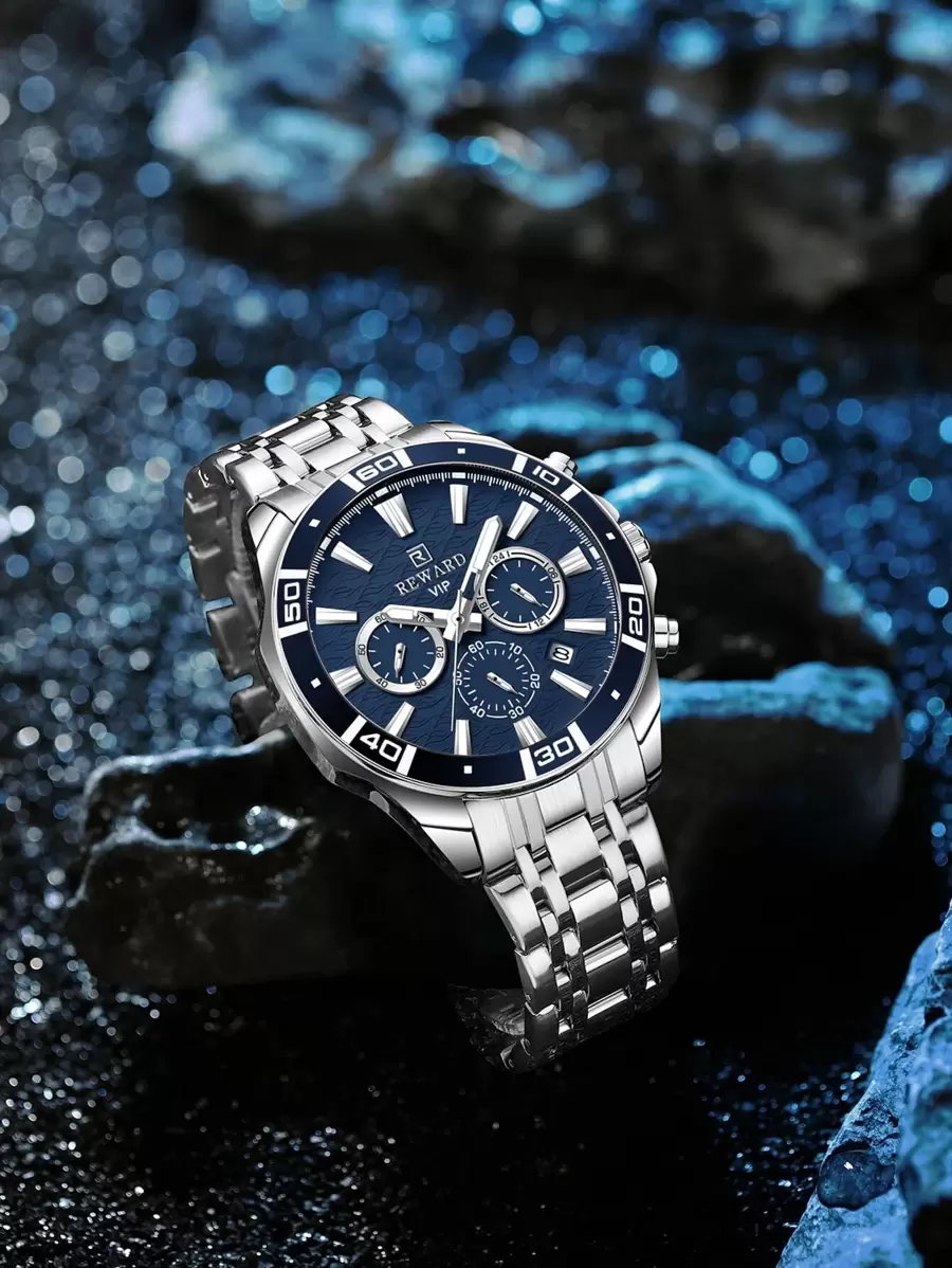 REWARD Men's Quartz Watch Business Fashion Style Timing Calendar Luminous Hands Multi-Functional Men Wristwatch High Quality Gift Classic Design Stainless Steel Watch Band