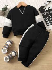 SHEIN Baby Boy Colourblock Sweatshirt & Joggers - Black - View 1