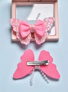 2pcs/Set Onion Slice Pearl & Butterfly Hair Clips For Kids, Cheapest Items Available, Fashionable & Sweet & Cute Hair Accessories For Daily Outfits Of Little Girls - Pink - View 3