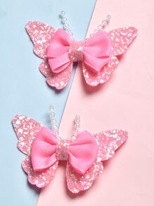 2pcs/Set Onion Slice Pearl & Butterfly Hair Clips For Kids, Cheapest Items Available, Fashionable & Sweet & Cute Hair Accessories For Daily Outfits Of Little Girls - Pink - View 5