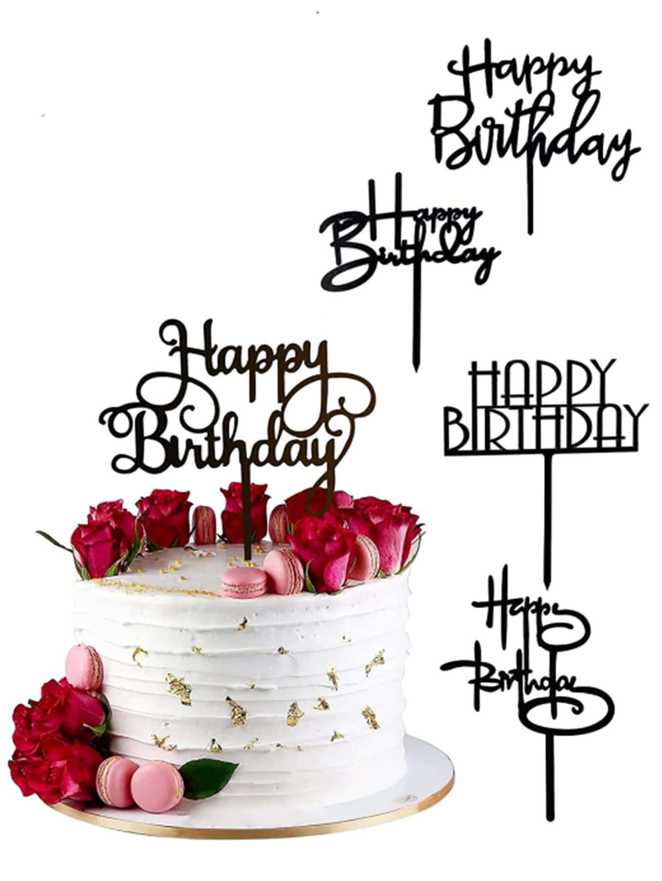 5入組黑色英文生日快樂蛋糕插牌生日派對裝飾用品烘焙DIY配件