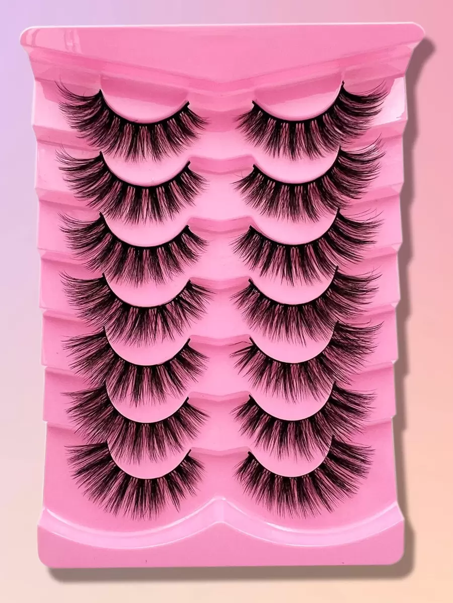 7 对假睫毛纤细睫毛自然假睫毛猫眼睫毛仿貂毛蓬松条状假睫毛套装条状睫毛，睫毛，睫毛，假睫毛 - 黑色 - 查看 1