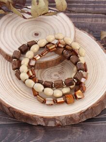 BOCAR 3pcs/Set Natural Beaded Wooden Bracelet Set, Suitable For Beach & Vacation - Brown - View 11
