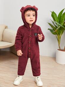 SHEIN Baby Letter Patched 3D Ear Design Hooded Teddy Jumpsuit - Burgundy - View 1