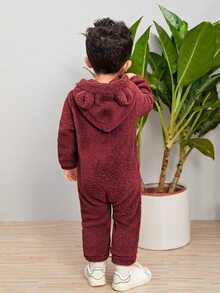 SHEIN Baby Letter Patched 3D Ear Design Hooded Teddy Jumpsuit - Burgundy - View 2