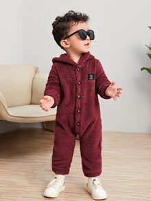 SHEIN Baby Letter Patched 3D Ear Design Hooded Teddy Jumpsuit - Burgundy - View 4
