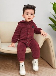 SHEIN Baby Letter Patched 3D Ear Design Hooded Teddy Jumpsuit - Burgundy - View 5