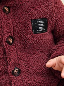 SHEIN Baby Letter Patched 3D Ear Design Hooded Teddy Jumpsuit - Burgundy - View 6