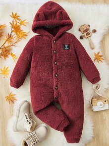 SHEIN Baby Letter Patched 3D Ear Design Hooded Teddy Jumpsuit - Burgundy - View 7