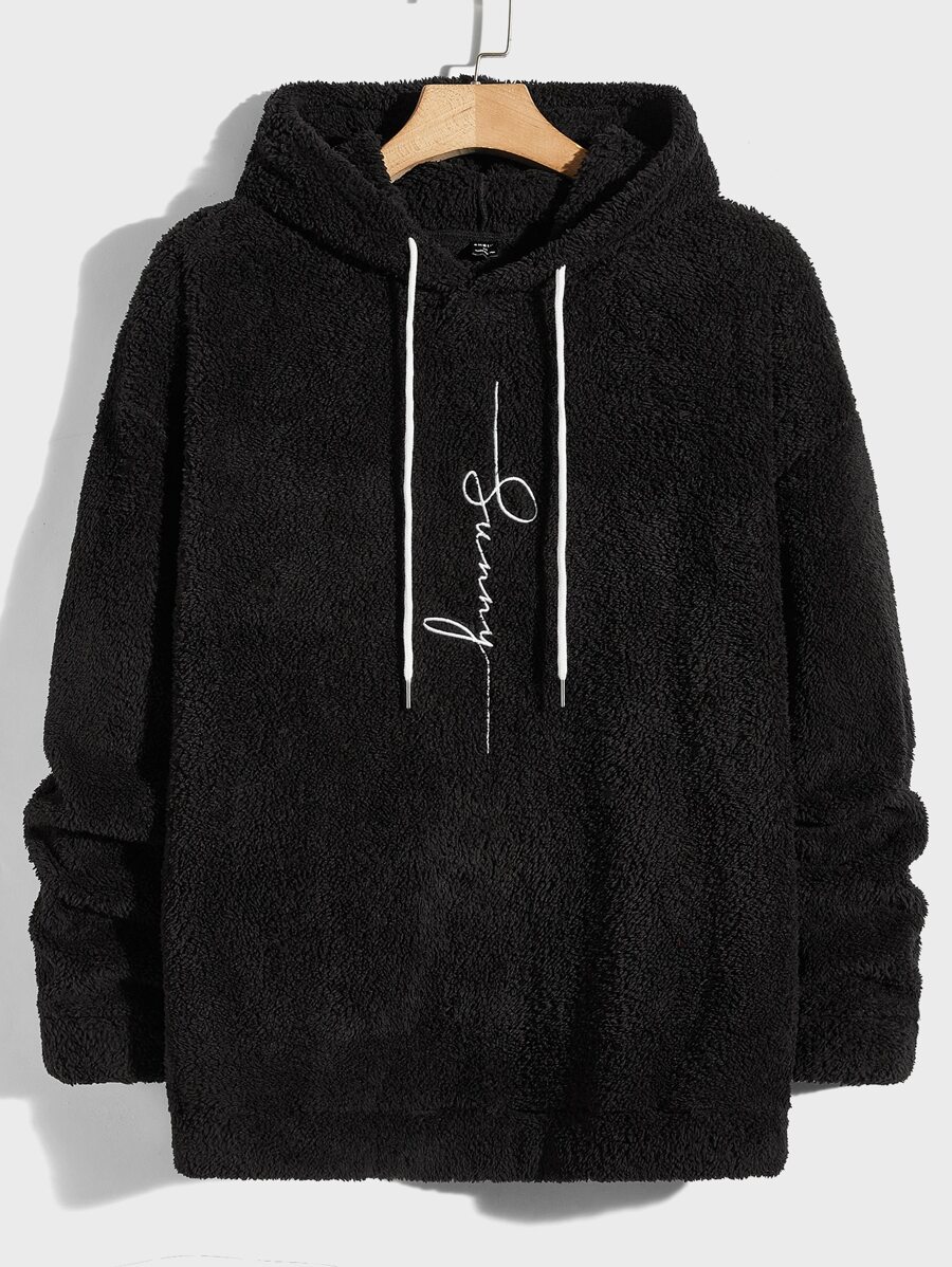 Manfinity VCAY 男士寬鬆字母刺繡絨毛連帽衫,掉肩設計和束帶 - 黑色 - 查看 1