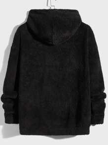 Manfinity VCAY 男士寬鬆字母刺繡絨毛連帽衫,掉肩設計和束帶 - 黑色 - 查看 2