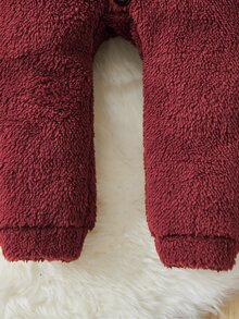 SHEIN Baby Letter Patched 3D Ear Design Hooded Teddy Jumpsuit - Burgundy - View 9