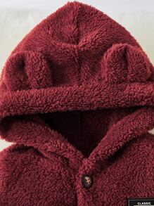 SHEIN Baby Letter Patched 3D Ear Design Hooded Teddy Jumpsuit - Burgundy - View 11